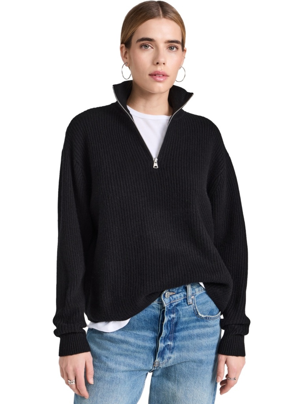 Jenni Kayne Black Half-Zip Ribbed Turtleneck Sweater